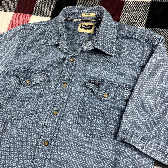 Wrangler Shirt Mens S Blue Geometric Short Slv Western Denim Pearl Snap Indigo - Picture 1 of 7